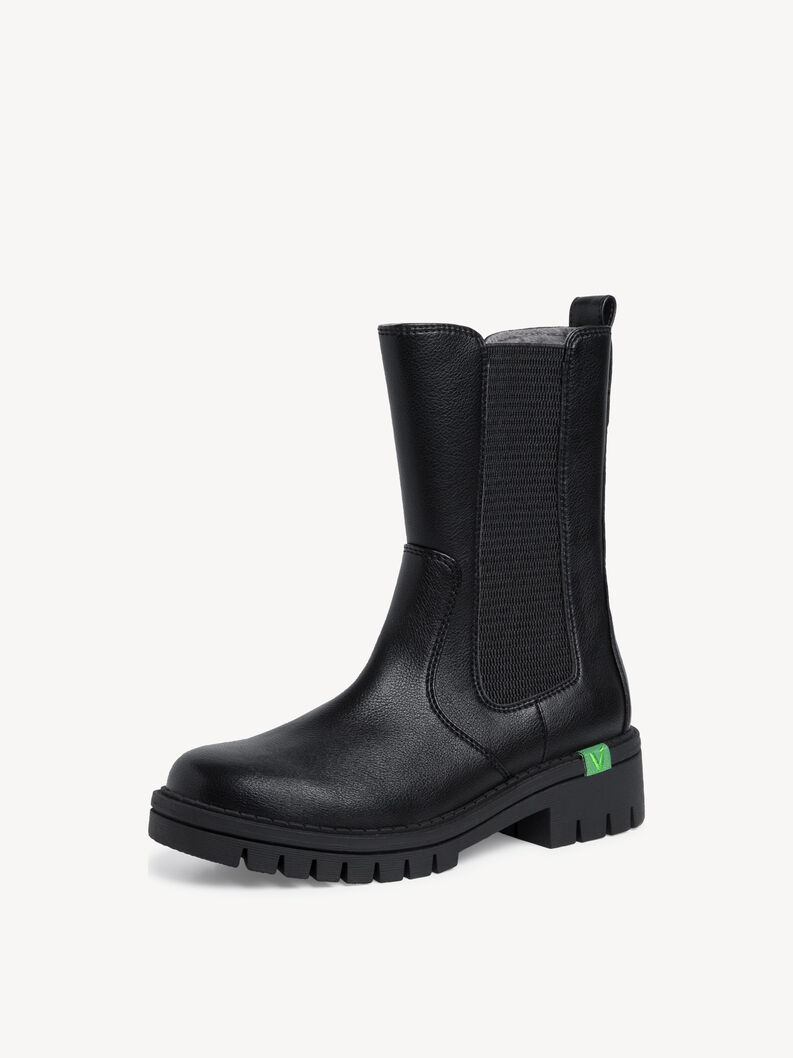 Schwarzer Leder-Stiefel mit elastischem Einsatz und grünem Logo