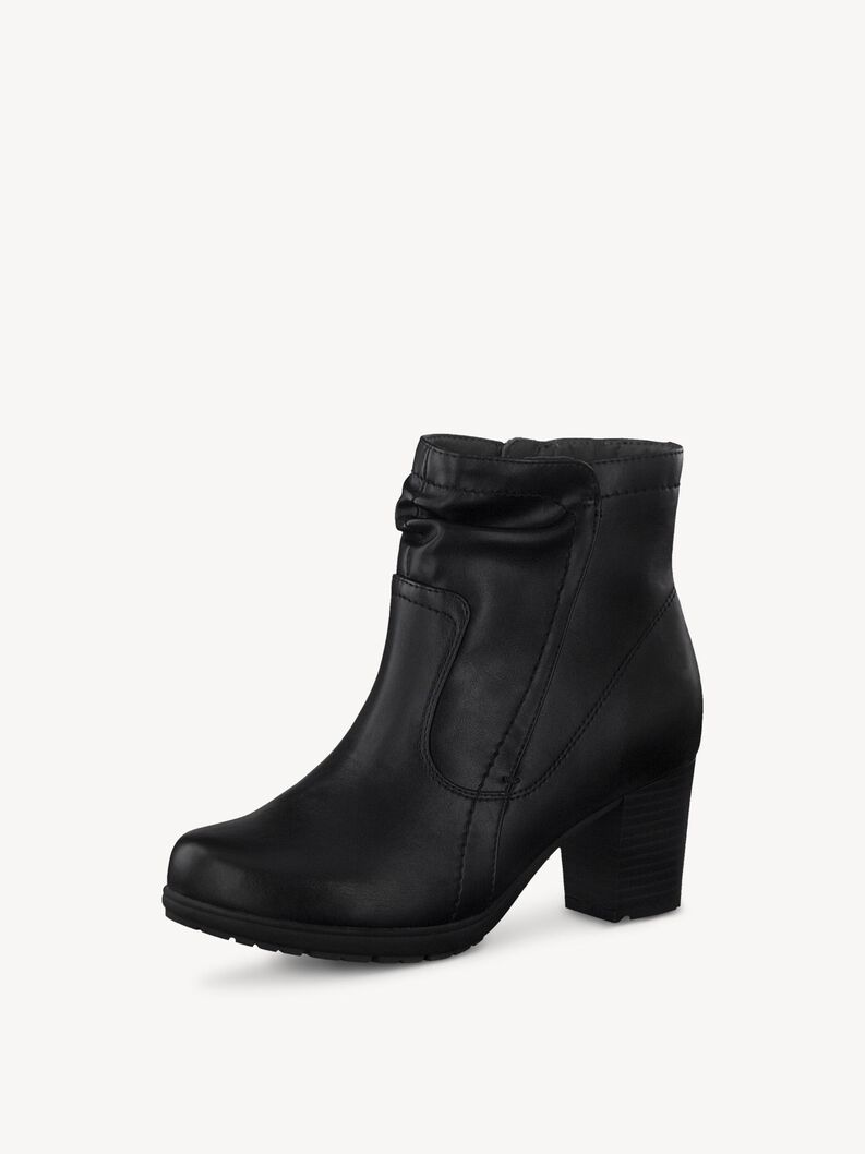 Moderne schwarze Leder-Stiefelette mit auffälligem Absatz